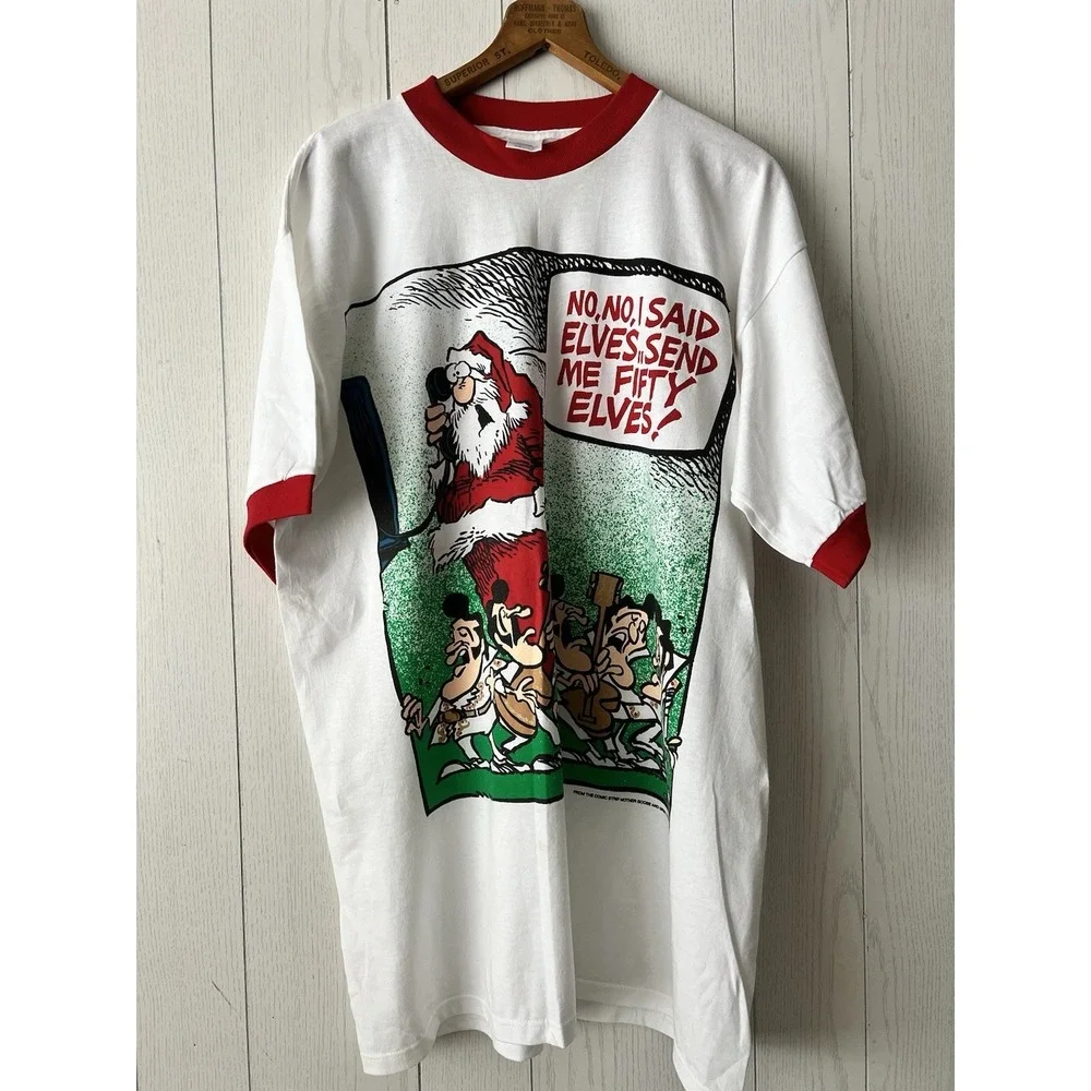 Vintage Mother Goose & Grimm Shirt XL White Ringer Santa Elvis Christmas 90s '94